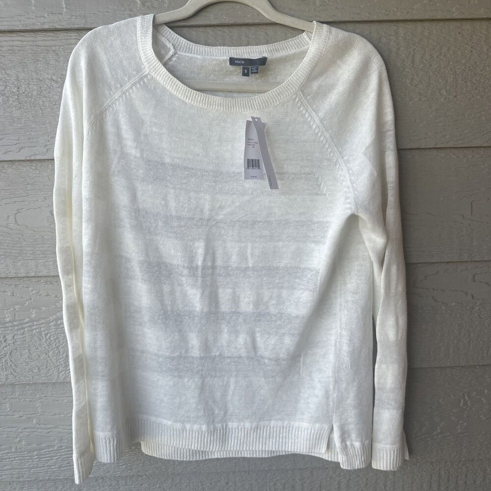 Vince Women's Small White Luxury Designer Minimalist 100% Linen Preppy Sweater